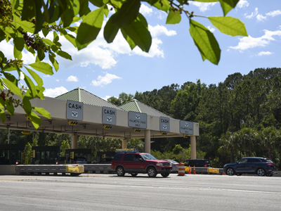 Ground level view of toll plaza